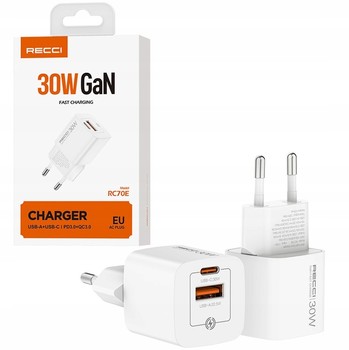 MOCNA SZYBKA ŁADOWARKA SIECIOWA GaN 2x USB-C/USB 30W MOCNY ZASILACZ RECCI