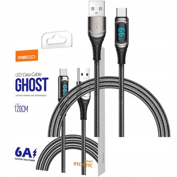 KABEL Z WYŚWIETLACZEM USB-C SZYBKIE ŁADOWANIE USB TYP C 6A 66W 1,2M RECCI