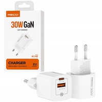 MOCNA SZYBKA ŁADOWARKA SIECIOWA GaN 2x USB-C/USB 30W MOCNY ZASILACZ RECCI