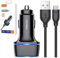 SZYBKA ŁADOWARKA SAMOCHODOWA USB LED 2.4A + KABEL MICRO USB RECCI